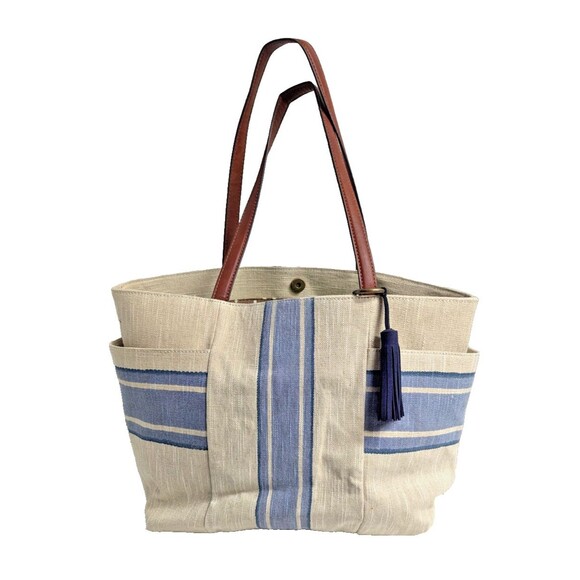 Lucky Brand Cora Fabric Tote Cream Blue Stripes Bohemian Tassel Leather Handles - Picture 1 of 10
